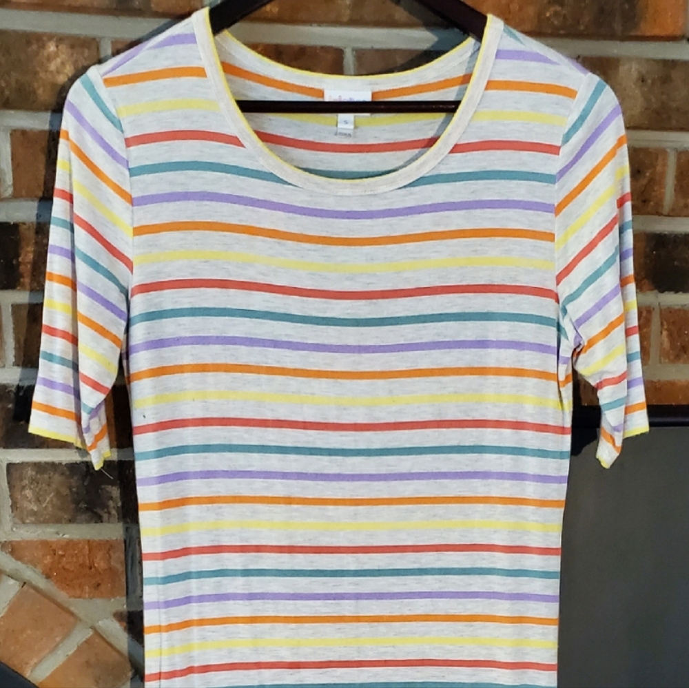 LuLaRoe small light gray Julia with colorful stripes